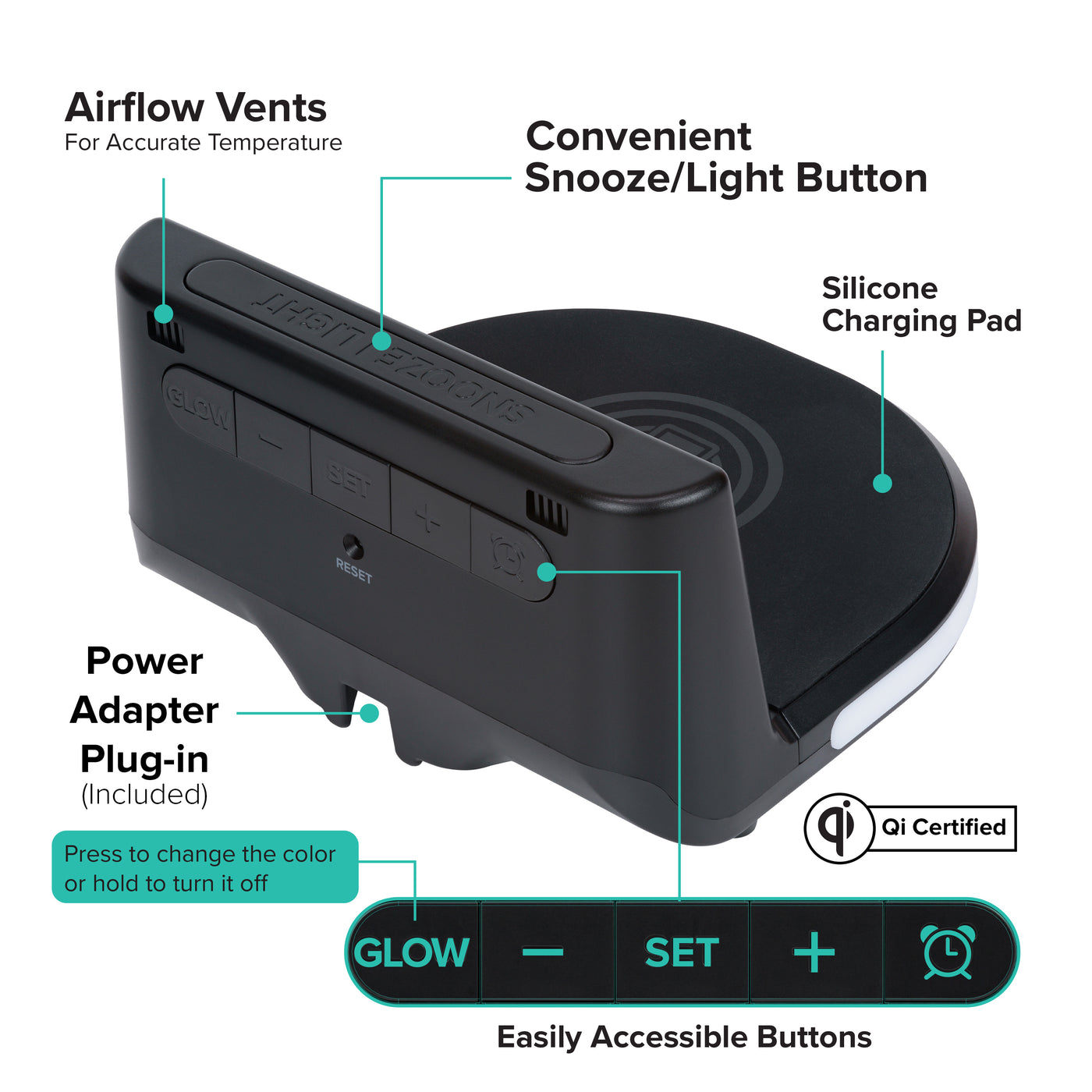 617-148V2 Qi-Certified Wireless Charging Alarm Clock with Glow Light