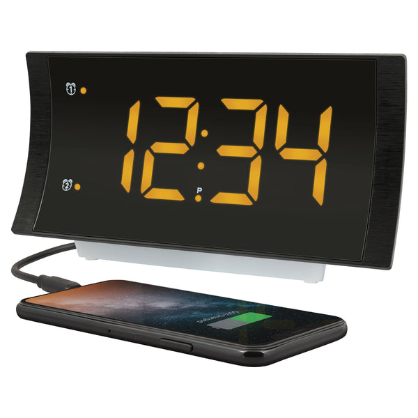 617-89577v3 Curved Digital Alarm Clock with FM Radio and Dual Alarms