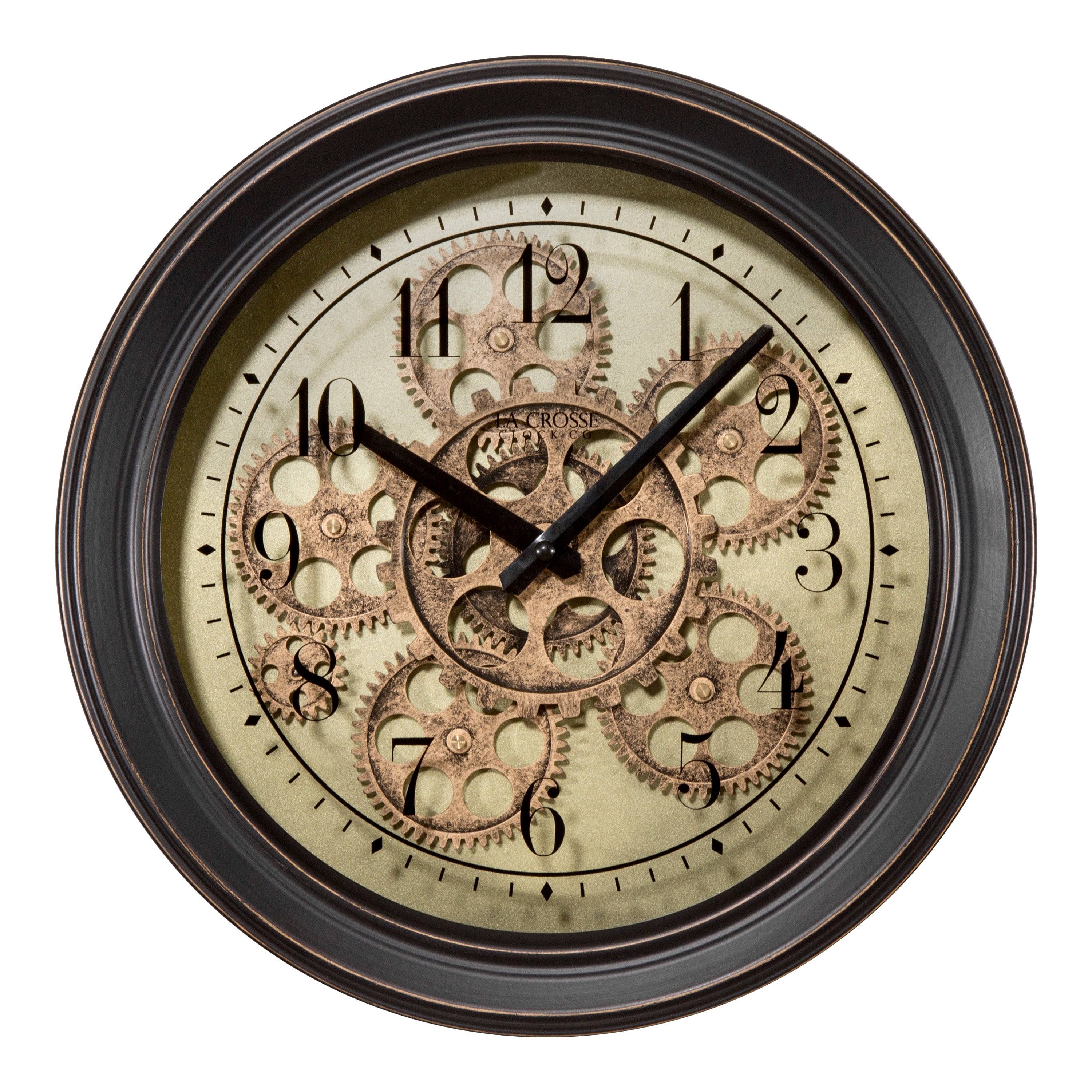 New Era Black Metal Weathered Wood Face Moving Gears Wall Clock